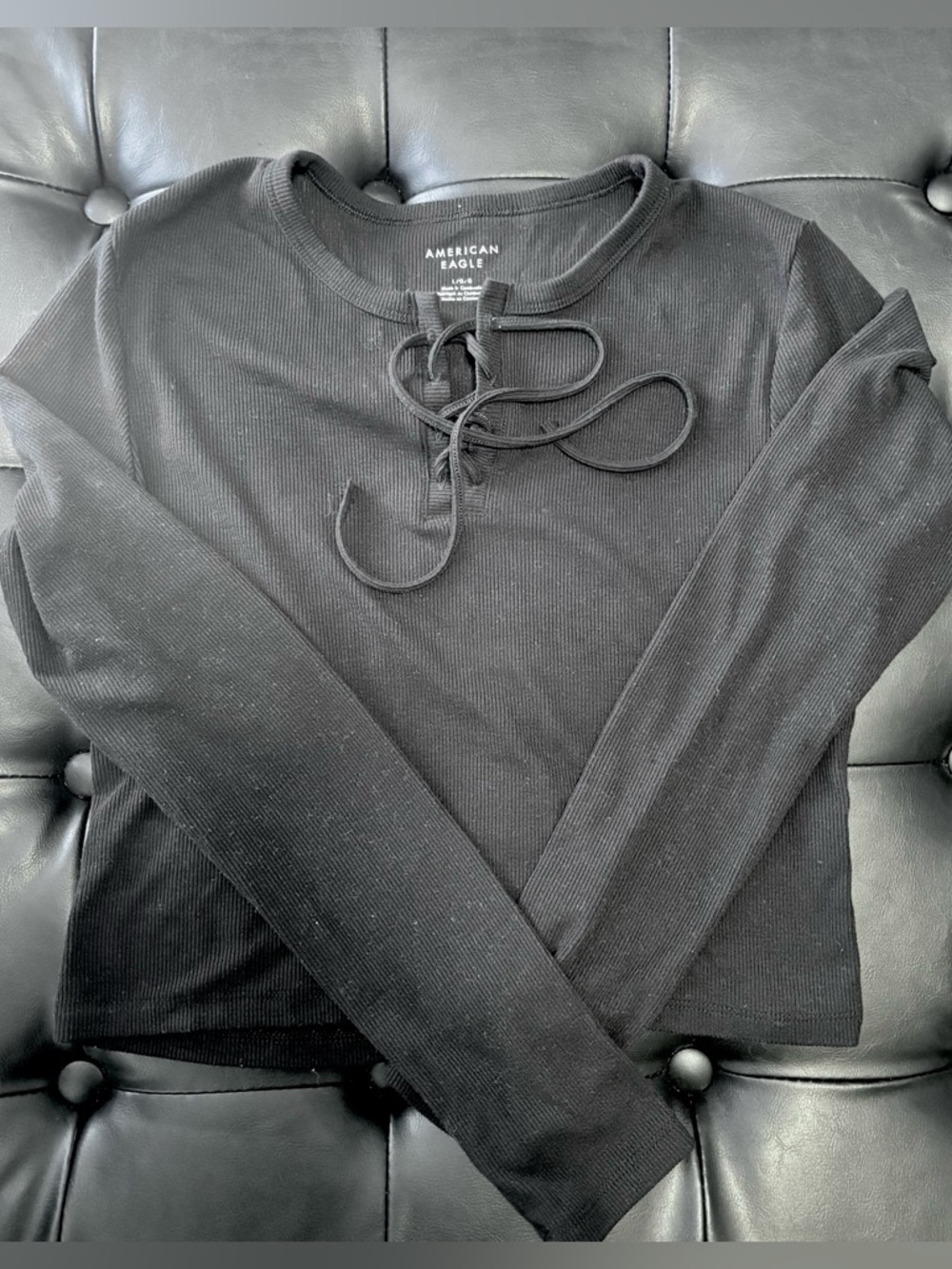 American Eagle Black Ribbed Lace-Up Long Sleeve Top